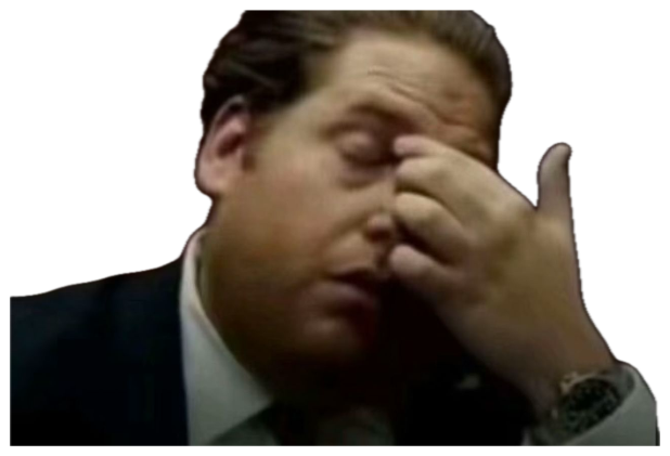 Man in a suit pressing his palm hard into his face, fully done with everything sticker