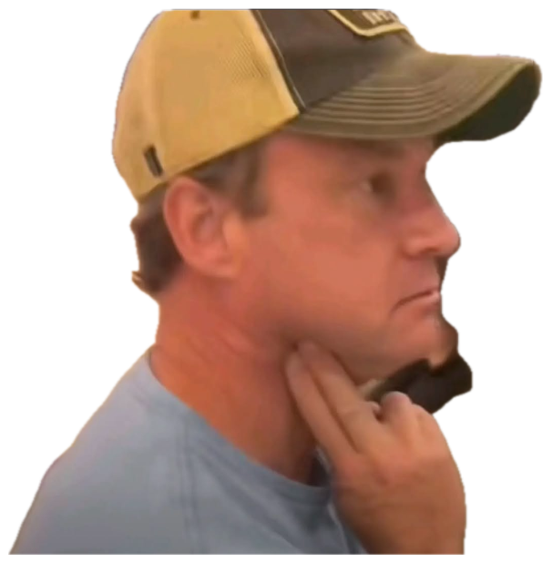 Man in a trucker hat holding his neck, staring off with a skeptical, deep-in-thought look sticker