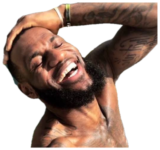LeBron James shirtless by a pool throwing his head back laughing with pure joy sticker