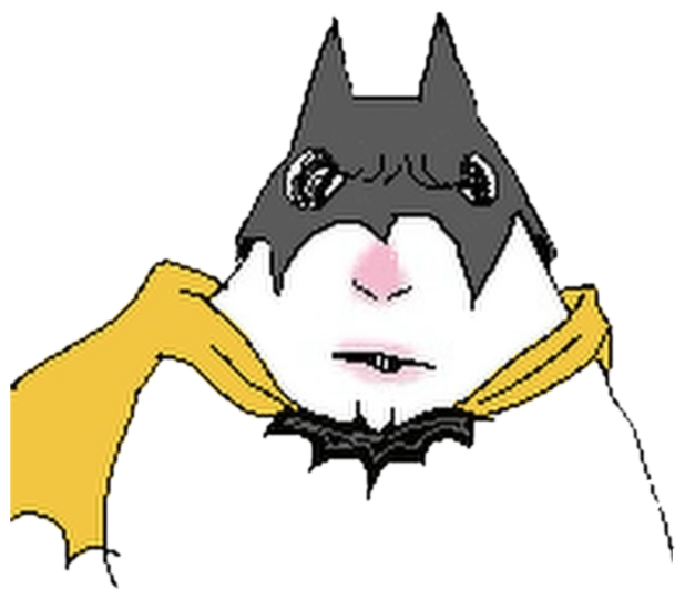 MS Paint blob wearing a Batman cowl and yellow cape, blushing and smug sticker