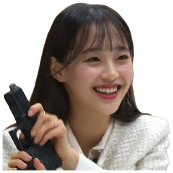 Smiling Korean woman in a white blazer casually holding a handgun sticker