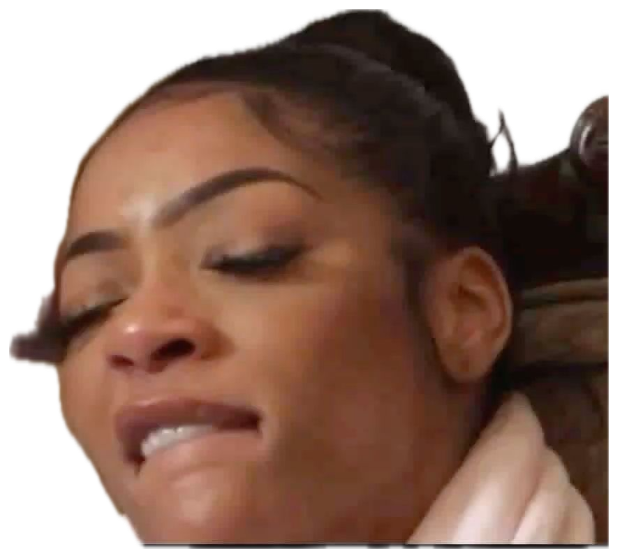 Woman leaning back against a headboard with a weary, over-it half-lidded look sticker