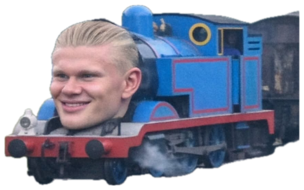 Erling Haaland's grinning face photoshopped onto Thomas the Tank Engine barreling down the tracks sticker