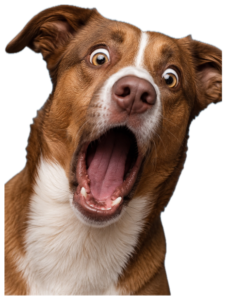 Brown and white dog with mouth wide open and wild eyes, absolutely beside itself sticker