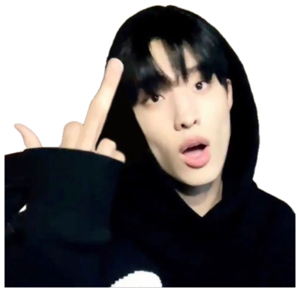 Young person in a black hoodie raising a middle finger with a blank stare sticker