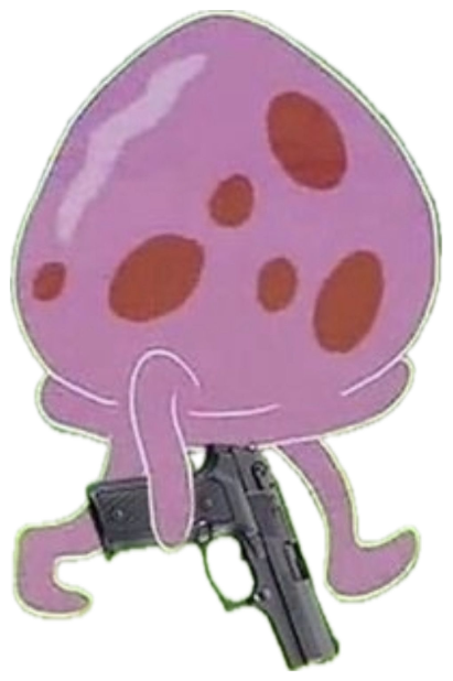 SpongeBob jellyfish holding a gun and wandering through a grassy field, unbothered sticker