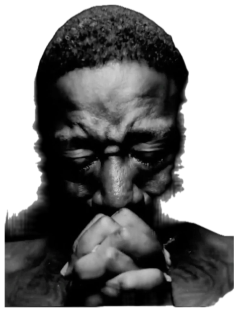 Black-and-white shot of a man with clasped hands and eyes shut, deep in it sticker