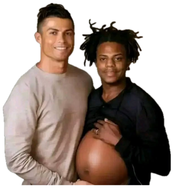 Cristiano Ronaldo smiling next to a man posing as if pregnant in a maternity-style photo sticker