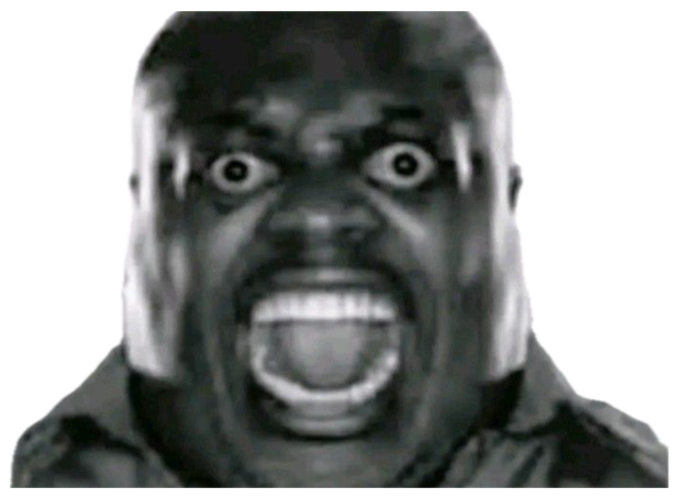 Grainy black-and-white shot of a man screaming with bulging wide eyes sticker