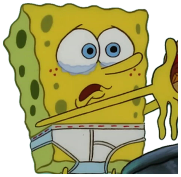 SpongeBob with melting face and wide eyes, mid-breakdown in his underwear sticker