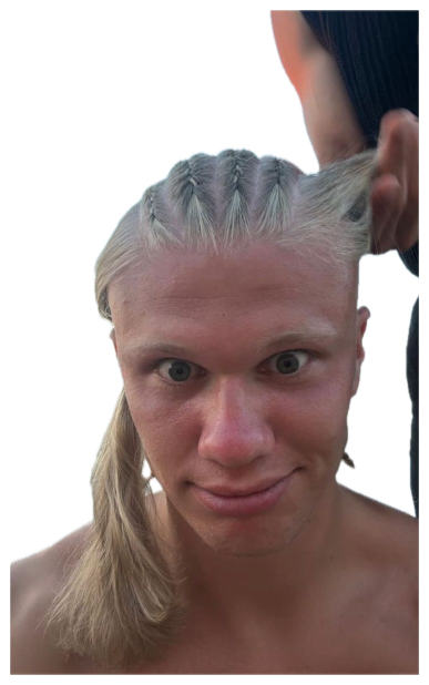 Erling Haaland getting his hair braided, staring at the camera with a goofy tight-lipped look sticker