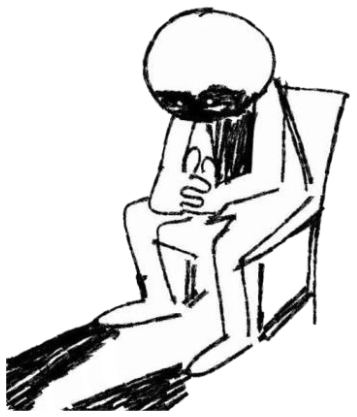 Rough stick-figure sketch of a dejected person slumped in a chair staring at the floor sticker