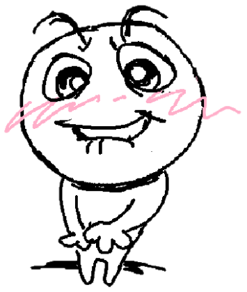 Cute cartoon round character with pink blush lines and a cheeky grin, looking bashful sticker