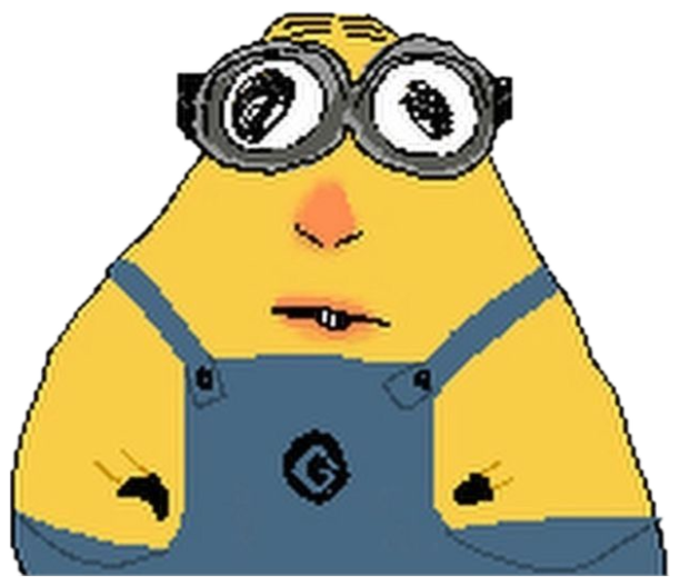 Crudely drawn lumpy Minion staring straight ahead with a flat little frown sticker
