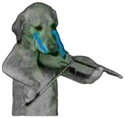 Eerie night photo of a dog playing a violin with painted blue tears streaming down sticker