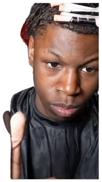 Young man at a barber staring intensely while holding up a phone showing a 911 call sticker