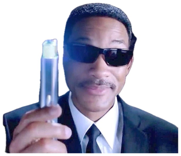 Man in black suit and sunglasses pointing a glowing neuralizer directly at the camera with a smug grin sticker