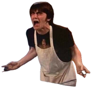 Guy in an apron behind a counter mid-scream, arms out in total meltdown sticker