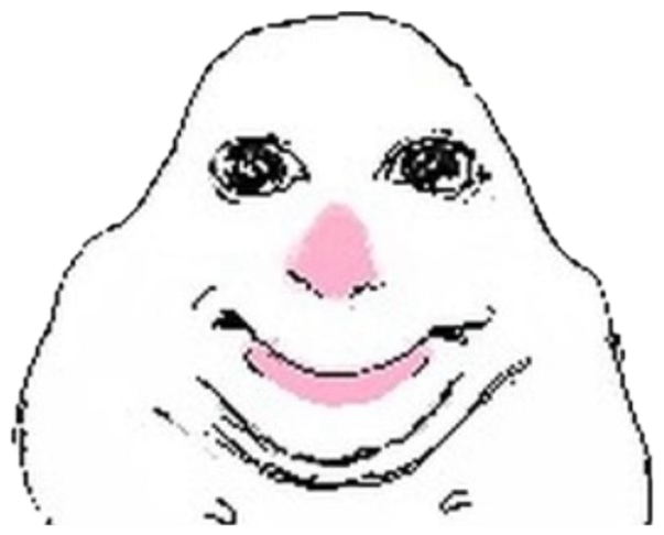Wojak-style blob creature with a rosy nose and a knowing smug smile sticker