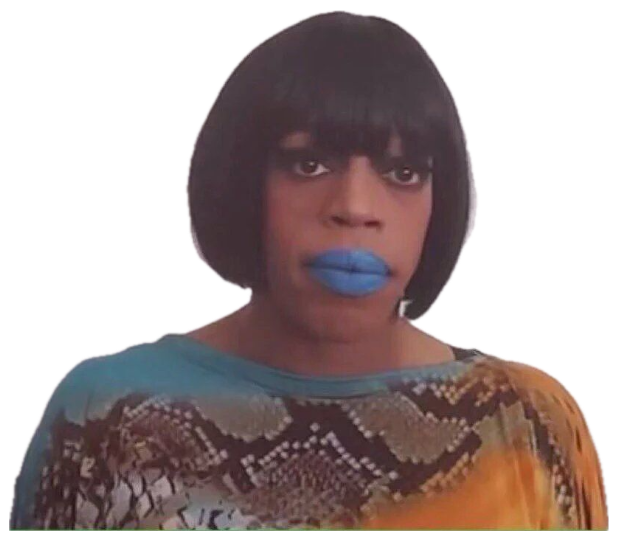 Person in a bob wig and bright blue lipstick staring down the camera deadpan sticker