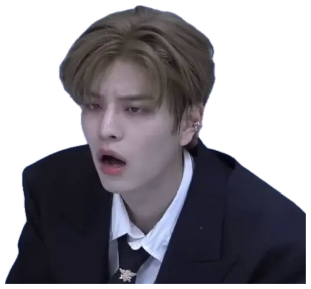 K-pop idol sitting with mouth agape, captioned 'SHUT THE FUCK UP!!!!!!!!!!!!!!!!!!!!!!!!!!' sticker