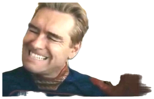 Blond man in a superhero suit forcing a pained, awkward laugh with clenched teeth sticker