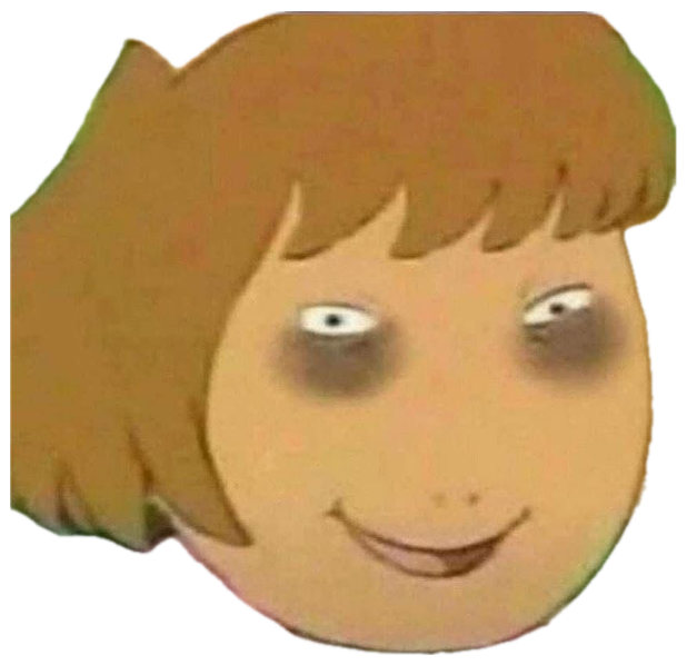 D.W. from Arthur with dark circles and hollow eyes giving a deeply unsettling grin sticker