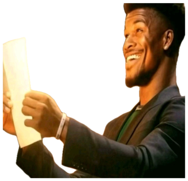 Jimmy Butler grinning wide as he reads a sheet of paper courtside sticker