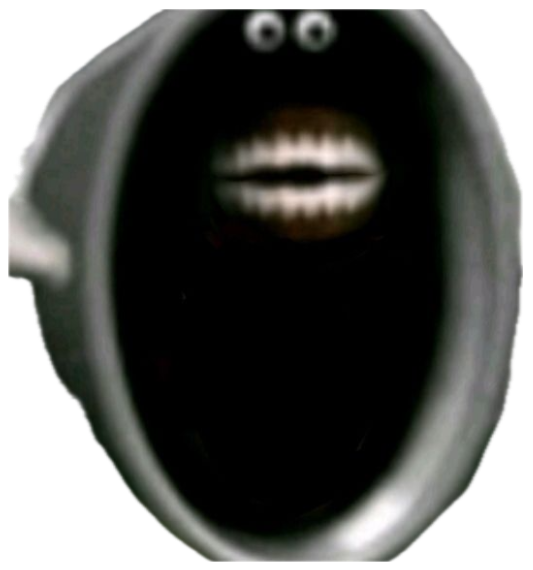 Blurry dark creature with a gaping mouth screaming at a small figure sticker