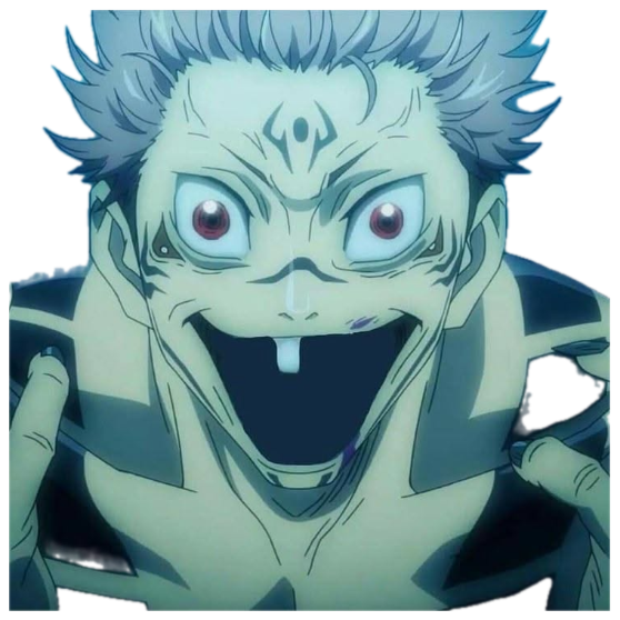 Anime villain grinning wide-eyed with drool, looking crazed and menacing sticker