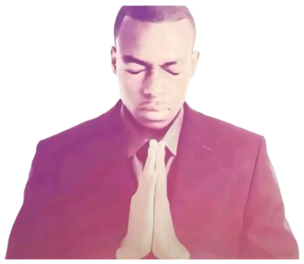 Man with eyes closed and hands pressed together in a prayer pose, captioned 'wet.' sticker