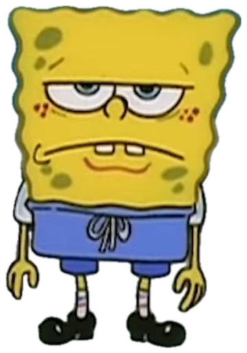 Beaten-up SpongeBob standing with heavy-lidded eyes and a grim expression, over it all sticker