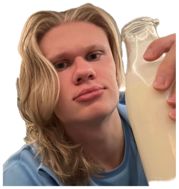 Long-haired young man holding a bottle of milk with a flat, deadpan selfie face sticker