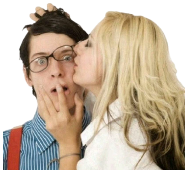 Wide-eyed guy in glasses looking completely shocked while a woman kisses his cheek sticker