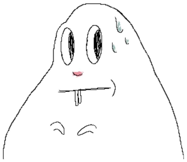 Crude MS Paint blob creature sweating with a stiff, deeply awkward smile sticker