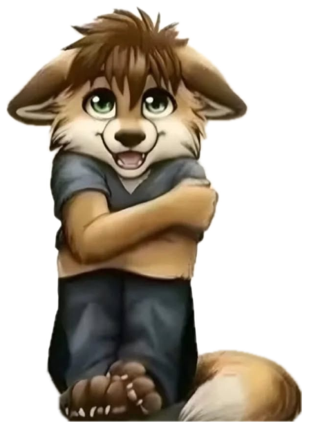 Anthro wolf character hugging its knees with a shy smile as two giant shadows loom behind sticker
