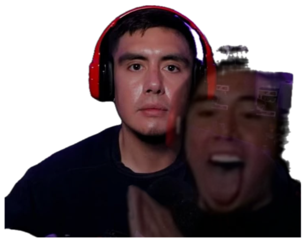 Gamer with red headphones looking calm while chaos erupts behind him sticker