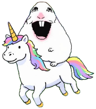 The 'has no idea' troll blob riding a unicorn through a rainbow field, mouth wide open sticker