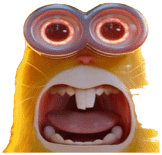 Cartoon character with bulging glowing eyes screaming in front of a wall of flames sticker