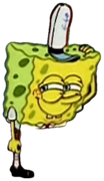 SpongeBob doing a sly squinting smirk with a spatula tucked overhead sticker