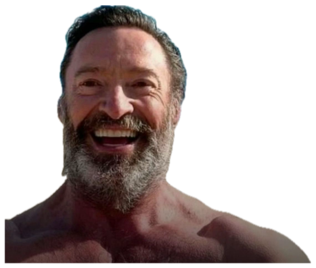 Hugh Jackman grinning ear to ear at the beach with a surreal rainbow dolphins fantasy sky behind him sticker