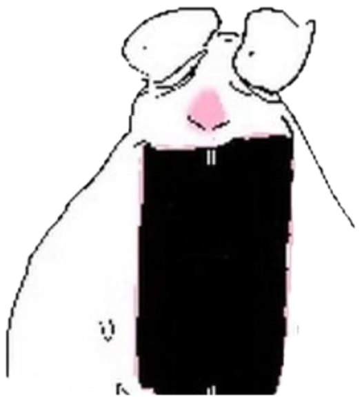 Crudely drawn blob character blushing hard while hiding behind a giant black phone sticker