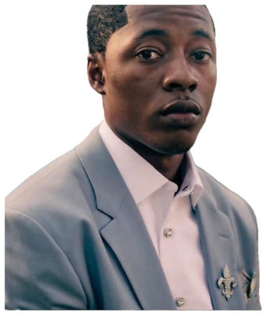 Young man in a gray suit giving a deeply skeptical side-eye over his shoulder sticker