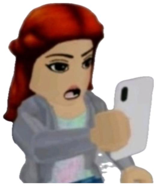 Red-haired Roblox avatar gasping in outrage while clutching her phone sticker