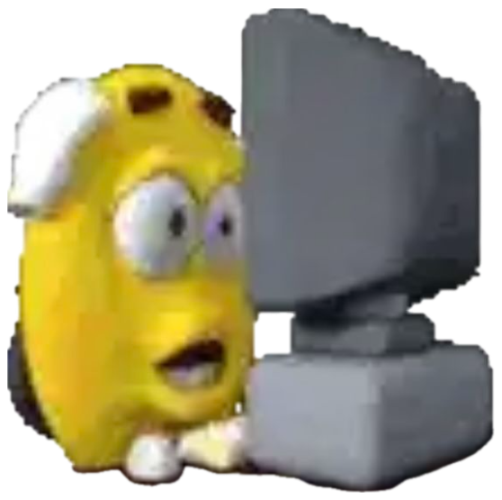 Low-poly yellow cartoon character staring wide-eyed at an old CRT computer monitor sticker