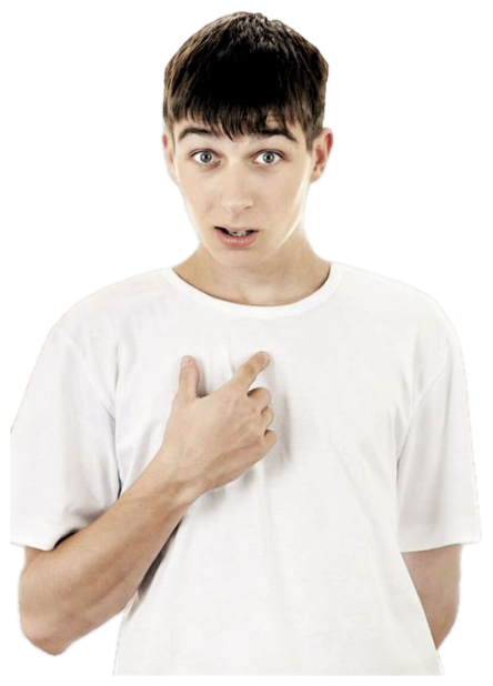 Wide-eyed teen pointing at himself next to a broken heart and the text 'Smbau?' sticker