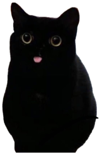 Black cat with huge round eyes and a tiny pink tongue blep, looking genuinely alarmed sticker
