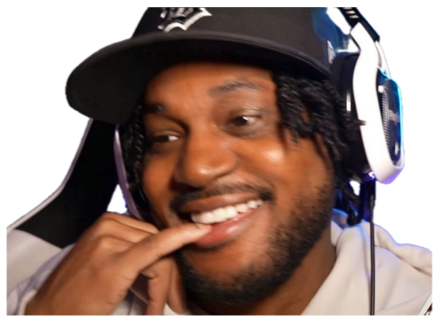 Streamer in a black cap and headset biting his finger with a mischievous grin sticker