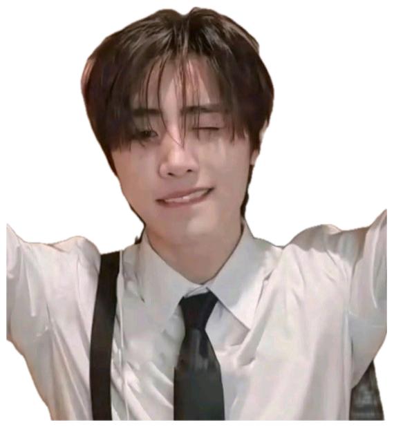 K-pop style guy in a white shirt and tie leaning back with a relaxed satisfied smile sticker