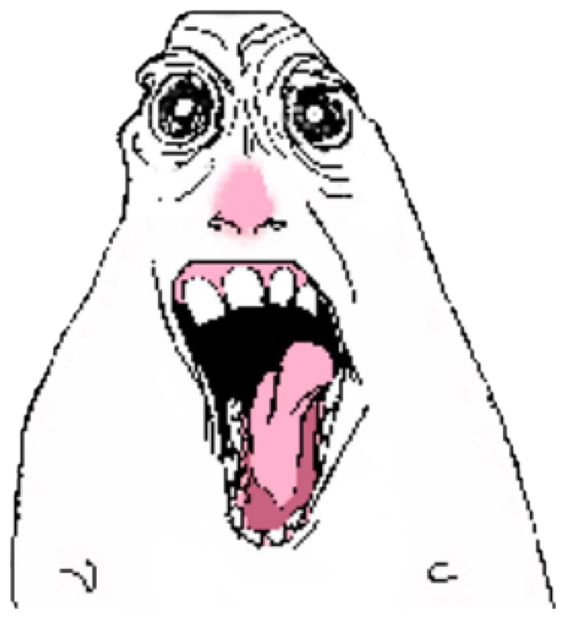 Wojak-style troll face creature screaming with mouth fully agape and tongue out sticker